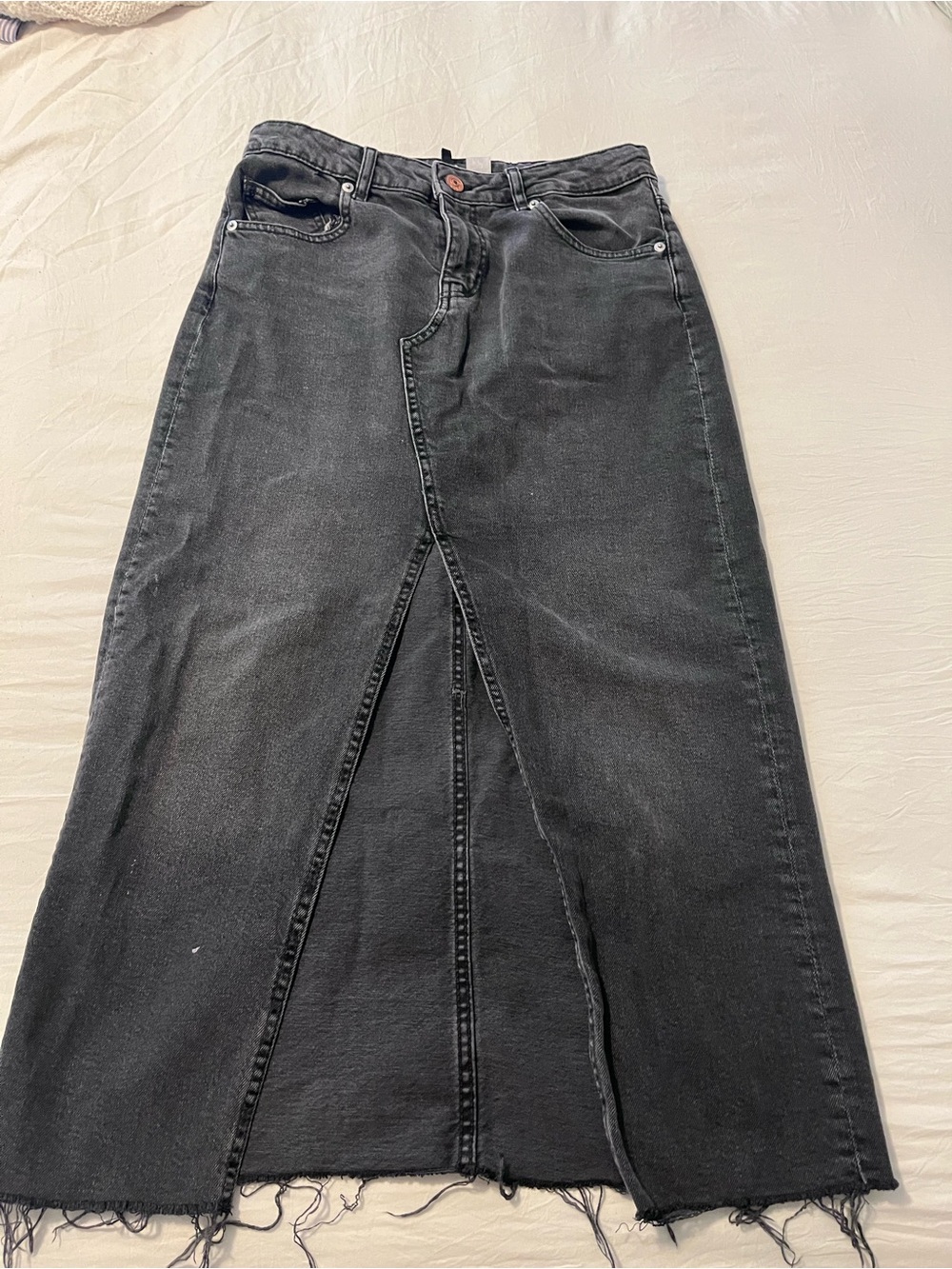 H&M Black Distressed Midi Denim Front center slit Skirt